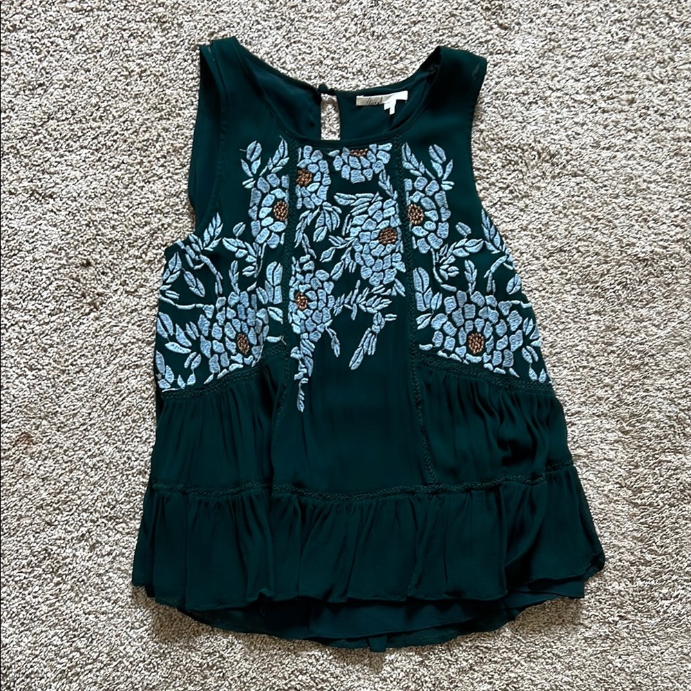 Floral Embroidered Sleeveless Top - Green and Blue